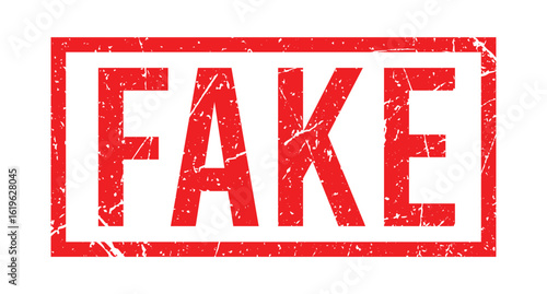 Fake stamp in red grunge style with halftone texture, bold vector label for fraud warning design
