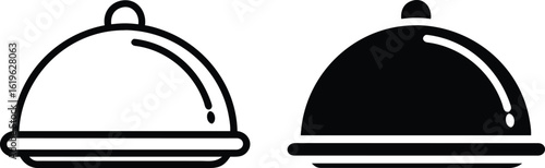 Covered Food Tray Icon Set – Vector Cloche Serving Dish in Black and White