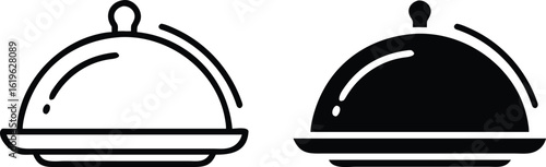 Food Platter Cloche Icon Set – Vector Serving Dish Symbol in Black and White