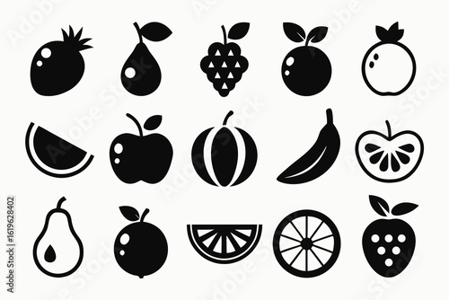 Collection of black fruit icons including strawberries apples pears grapes oranges watermelon and banana