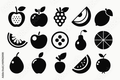 Collection of black and white fruit icons including apples pears grapes watermelon and citrus slices