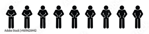 Stick figures changing hand positions - adjustable black silhouettes on white background. Dynamic vector set for UI gestures, animation reference, and interaction design. 