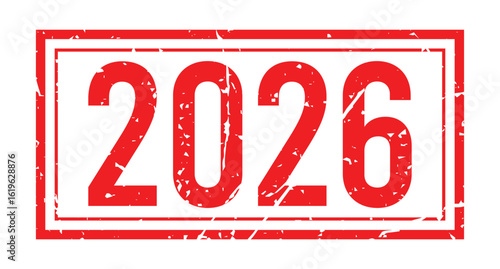 Grunge 2026 Stamp – Bold Red Halftone Digits with Box Frame Vector Design