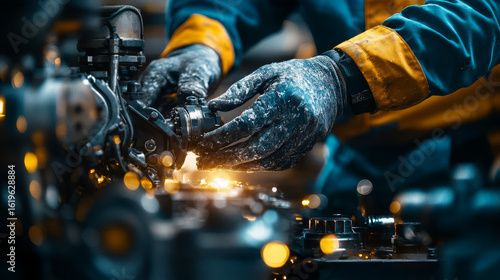 A close-up of hands in gloves working on a mechanical engine, showcasing the intricate details of machinery and tools in a workshop setting.