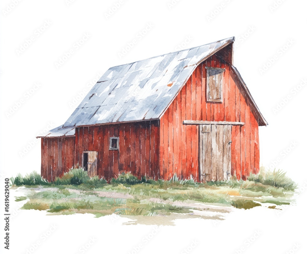 Watercolor barn, red weathered wood, light gray metal roof Watercolor barn, red weathered wood, light gray metal roof