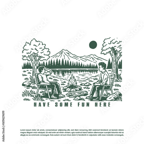 Vintage retro hand drawn two friends chilling in the mountain forest at night