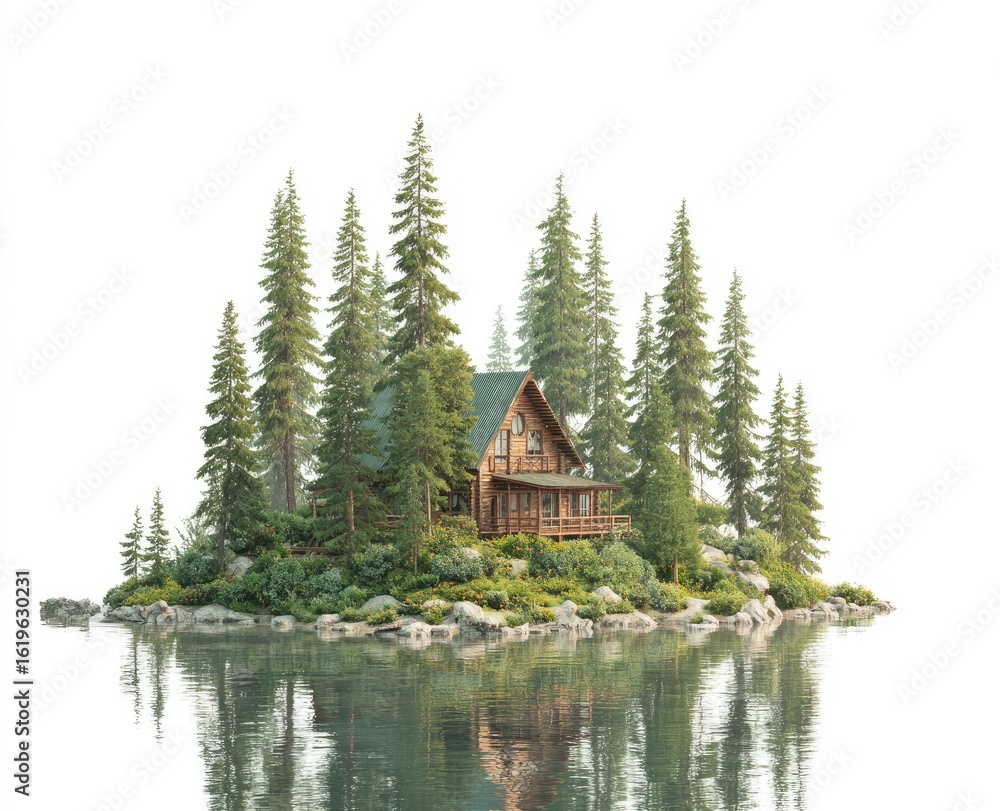 Obraz premium Wooden cabin on a secluded island in a forest