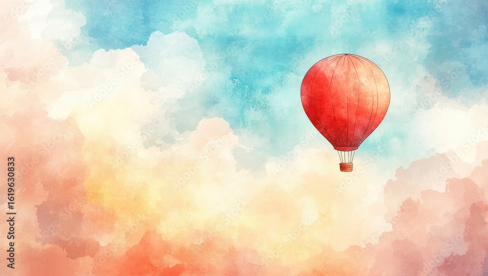 Obraz premium Watercolor hot air balloon in a colorful sky
