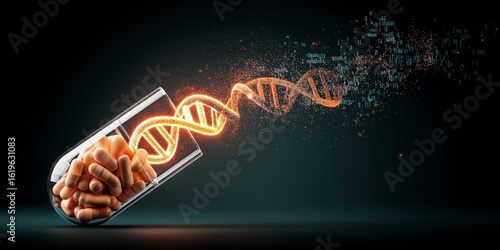 genome editing concept. Capsule releasing DNA strands and pills into the air.