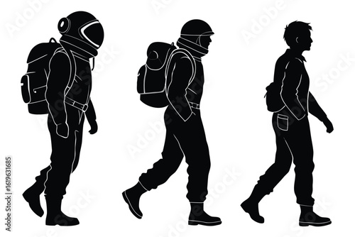 Three figures walking with backpacks representing different journeys and professions