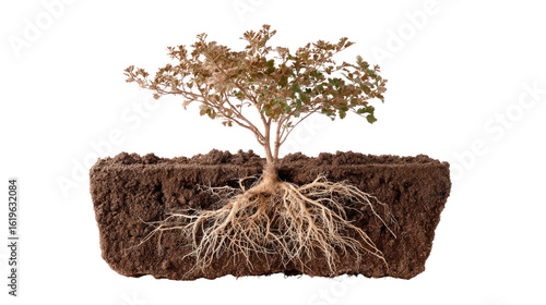 A Tree and Its Roots: A detailed view of a small tree with its intricate root system, planted in a section of soil, highlighting the delicate balance and interconnectedness of nature.