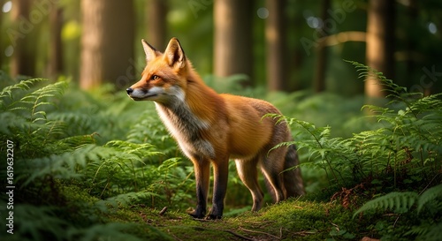 Wallpaper Mural "Red Fox Standing Alert in a Lush Green Forest Surrounded by Ferns with Soft Sunlight Filtering Through the Trees, Photorealistic Fur Texture and Natural Shadows" Torontodigital.ca
