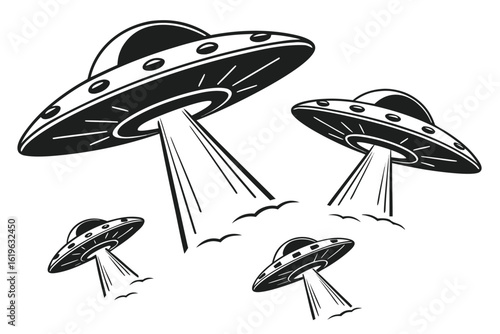 Retro style flying saucer invasion with beams of light