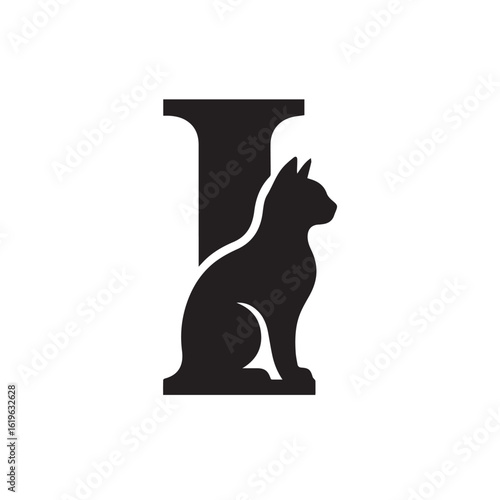 Black cat silhouette integrated with letter I feline white