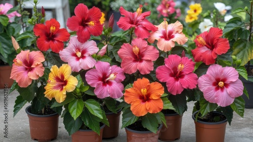 Wallpaper Mural Colorful hibiscus collection in terracotta pots featuring red, pink, orange, and yellow blooms Torontodigital.ca