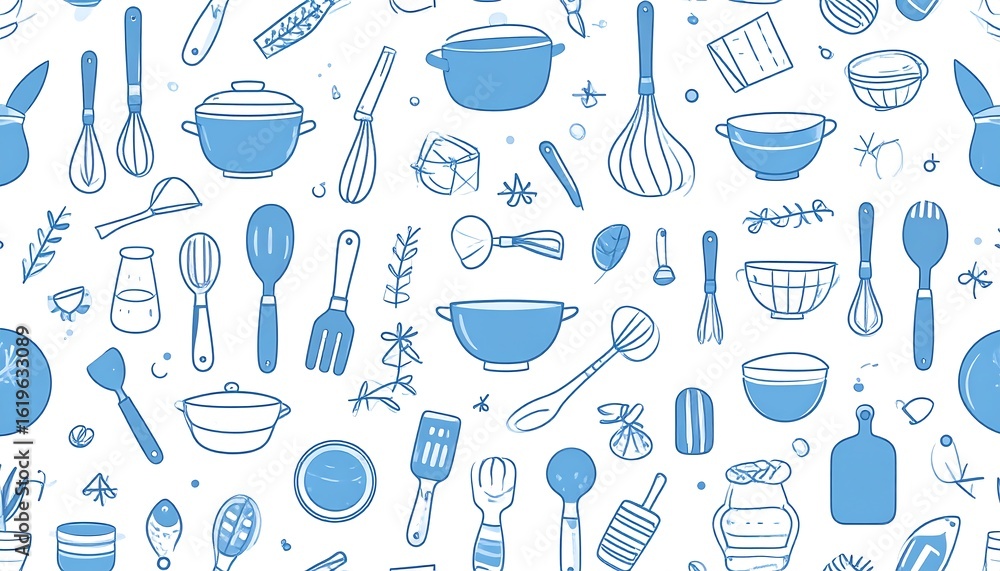 Seamless pattern of blue kitchen utensils