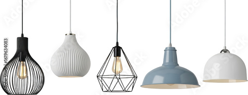 Collection of five modern ceiling pendant lights with diverse designs black white and blue transparent background