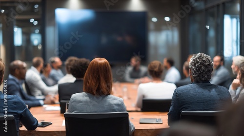 Business meeting conference room with all attendees facing screen backs to camera teamwork concept