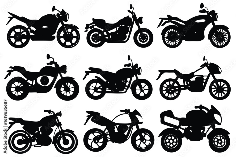Obraz premium Collection of nine black motorcycle silhouettes on a white background