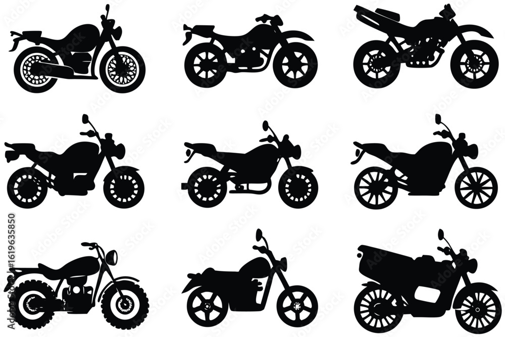 Obraz premium Collection of nine black motorcycle silhouettes on a white background