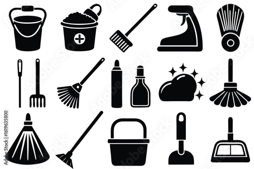 Collection of cleaning tools and supplies icons
