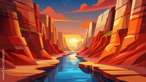 A narrow canyon with red sandstone walls glowing in the morning sun and a river carving through the bottom