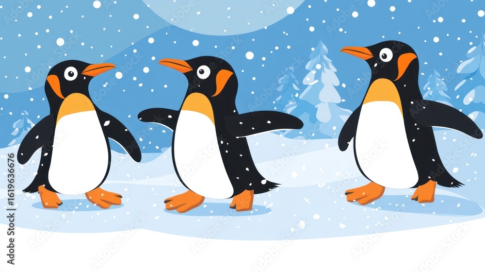 Obraz premium Cute penguins walking in snowy landscape.