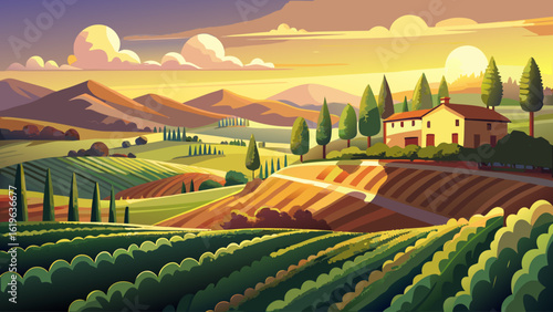 A peaceful hilltop vineyard with rows of grapevines basking in warm golden sunlight