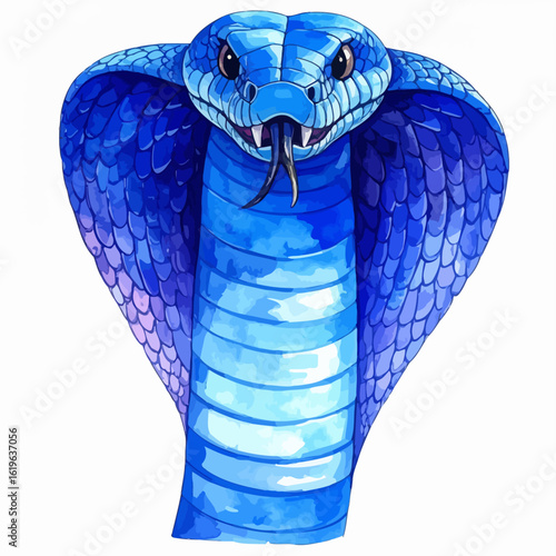 A blue cobra with hood expanded, showing head, fangs, and forked tongue against a white backdrop. Watercolor style