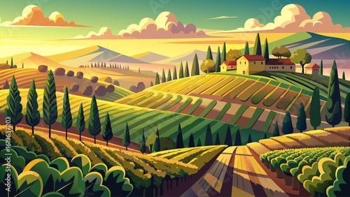 A peaceful hilltop vineyard with rows of grapevines basking in warm golden sunlight