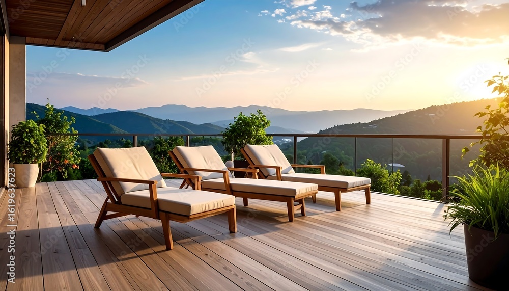 Obraz premium Luxurious mountaintop deck with sun loungers