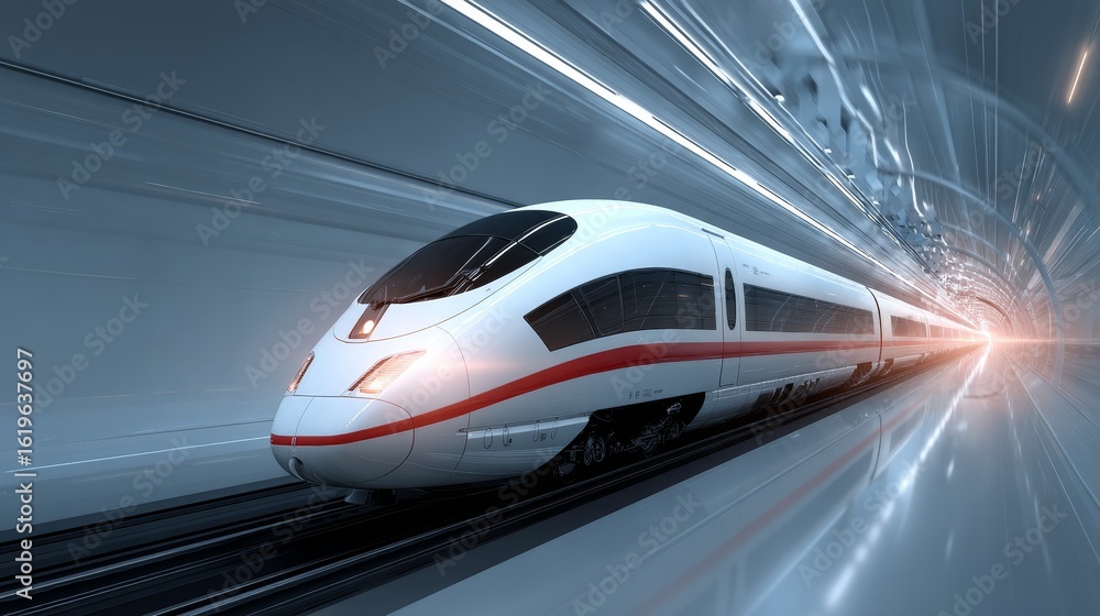 Fototapeta premium High-speed bullet train moving through modern tunnel with light effect