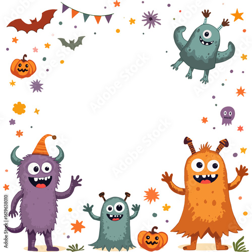 Happy Halloween. Cute cartoon monster frame for party decoration