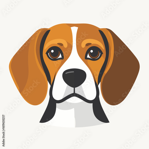 A flat-style illustration of a beagle dog's head, featuring brown and white fur, big eyes, and a black nose