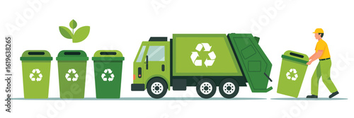 Trash utility and disposal concept with recycling bins, garbage truck, and waste collector worker, illustrating efficient trash collection and environmental recycling processes in urban areas.

