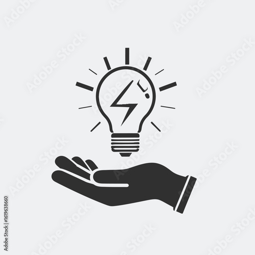 A hand cradles a glowing lightbulb, symbolizing an idea with a lightning bolt. Radiating lines indicate inspiration