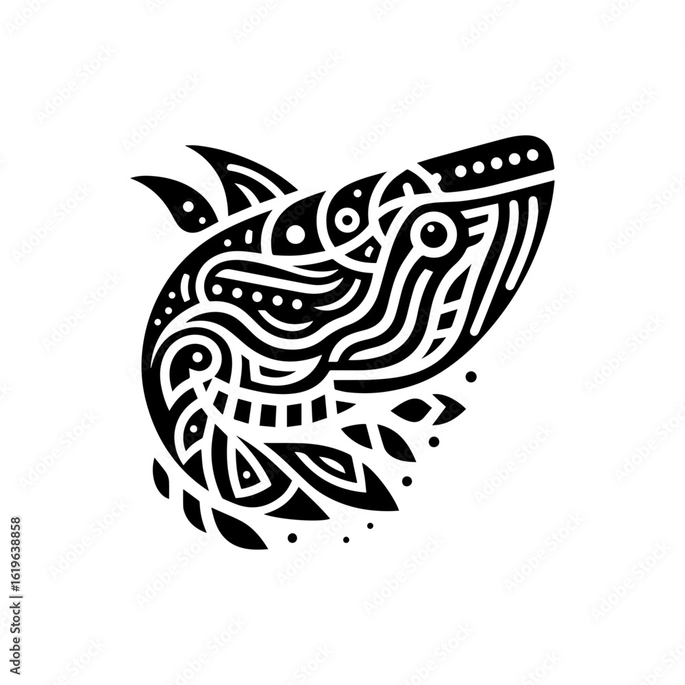 Naklejka premium Modern tribal whale head with tail motifs