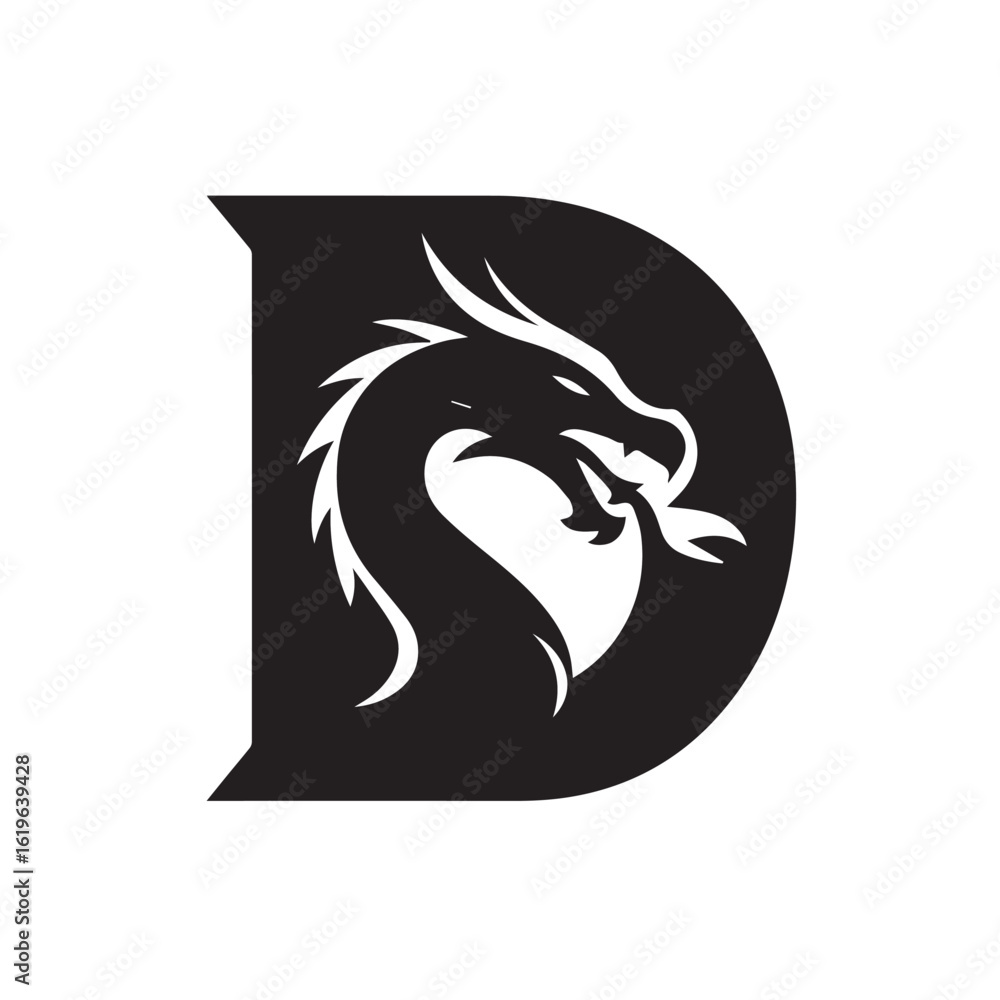 Fototapeta premium Black dragon head inside letter D white logo