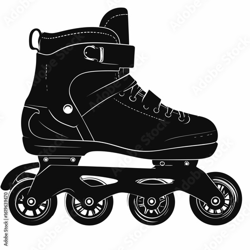 A silhouette of a rollerblade skate, showcasing detailed components like wheels, laces, straps, and buckle