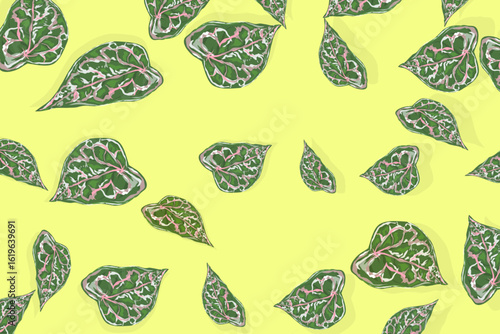 background collection with taro leaves on a yellow background