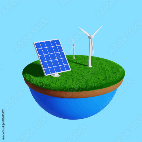 A spherical island showcases green energy. A solar panel & wind turbines generate electricity on a grassy surface with a blue sky backdrop
