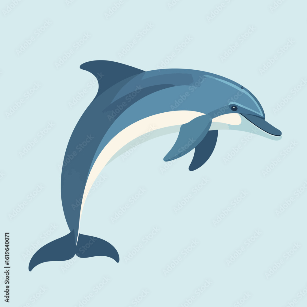 Fototapeta premium A stylized dolphin leaps against a light blue backdrop. Its body is a mix of blues and white