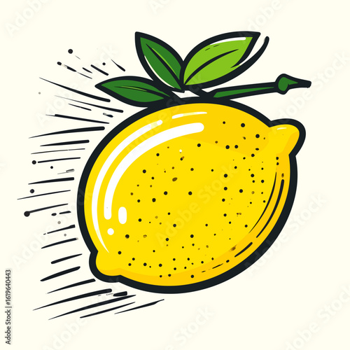 A stylized illustration of a lemon with leaves