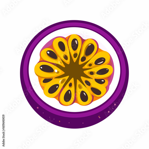 A stylized illustration of a halved passion fruit, showing its vibrant yellow pulp, black seeds, and a purple rind on white