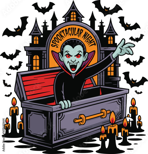 Vampire Rising from Coffin on Spectacular Night with Bats Around