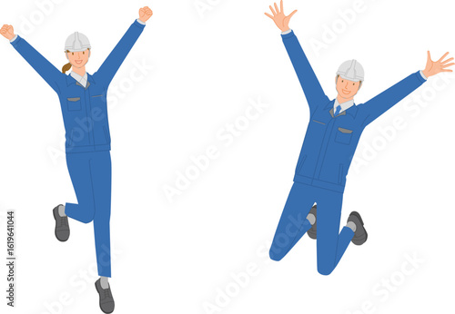 ビジネスイメージ：両手を上げてジャンプするヘルメット・作業服を着た笑顔の若い男女セット
