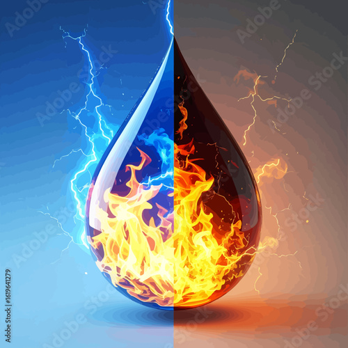 A stylized teardrop split vertically, depicting fire and ice, with accompanying lightning
