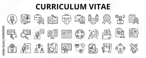 30 Curriculum Vitae Line Icons Vector - Profile photo, Personal information, Education, Certification, Portfolio, Soft skill, Achievement 