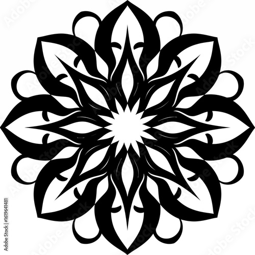 A symmetrical floral design with a central star shape, created with bold black curves and negative space