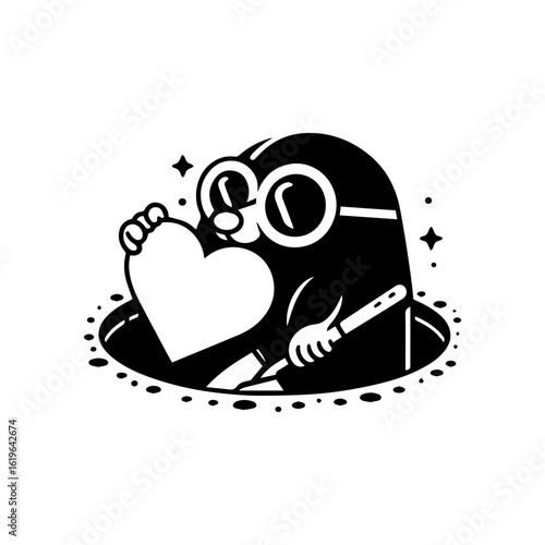 mole wearing round goggles digging a heart-shaped tunnel